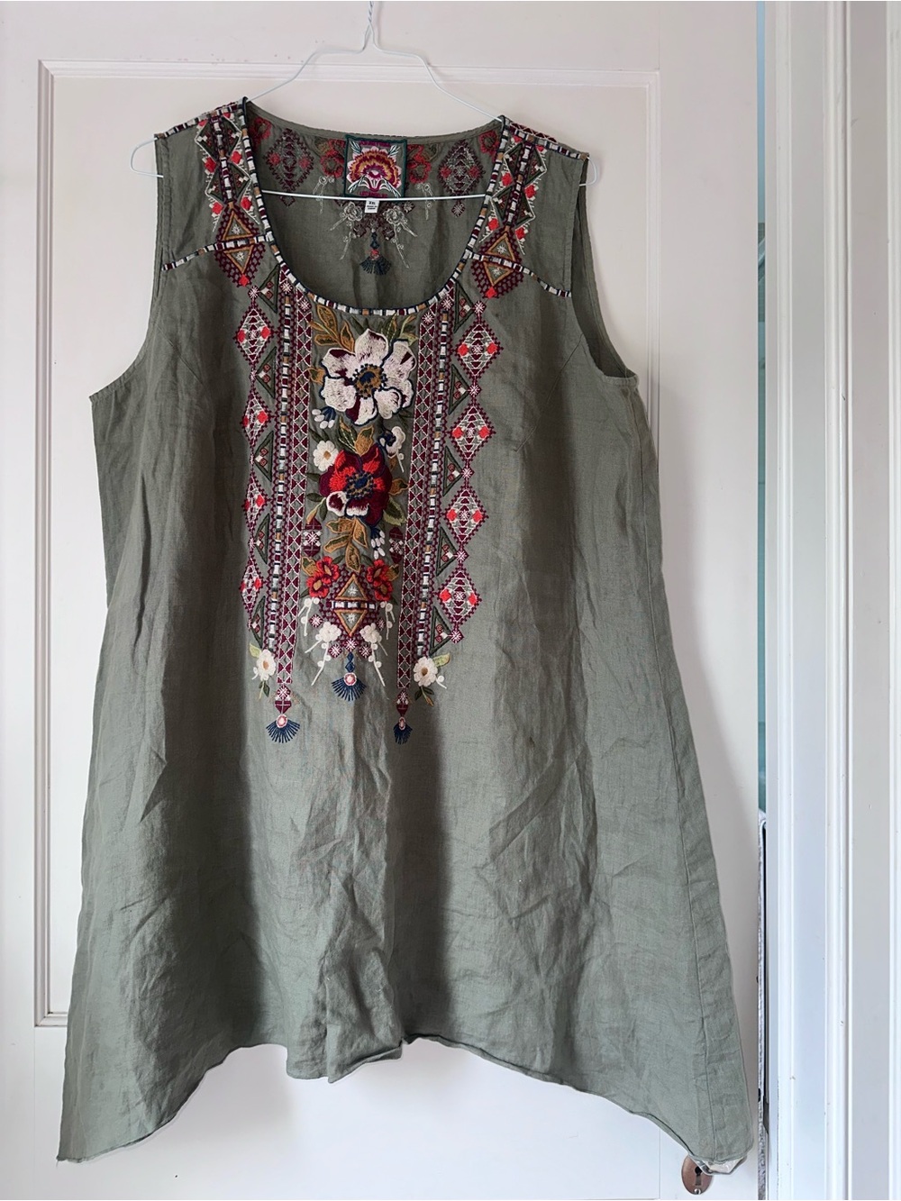 Johnny Was Olive Green Sleeveless Tunic with Multicolor Floral Embroidery